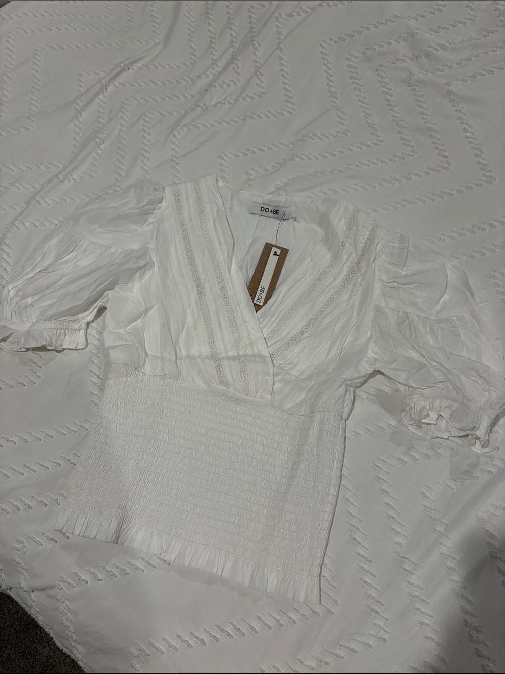 DO+BE Ivory Puff Sleeve Smocked Waist Blouse
